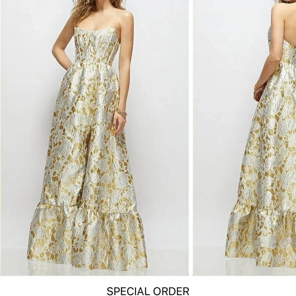 Dessy Collection Gold and Silver Strapless Gown - Picture 1 of 5